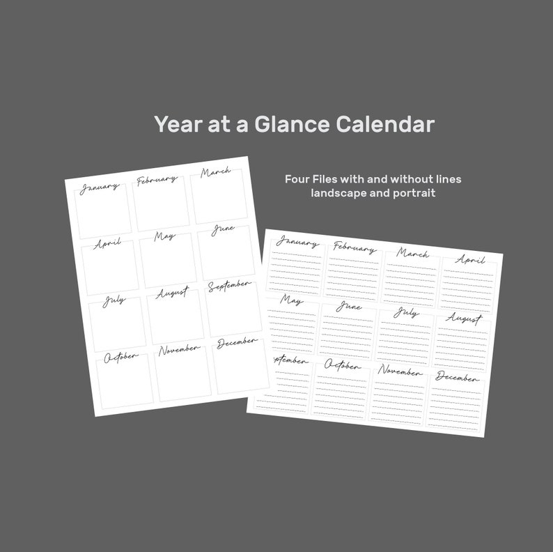 Year at a Glance Calendar Month View With Lines & Without Etsy