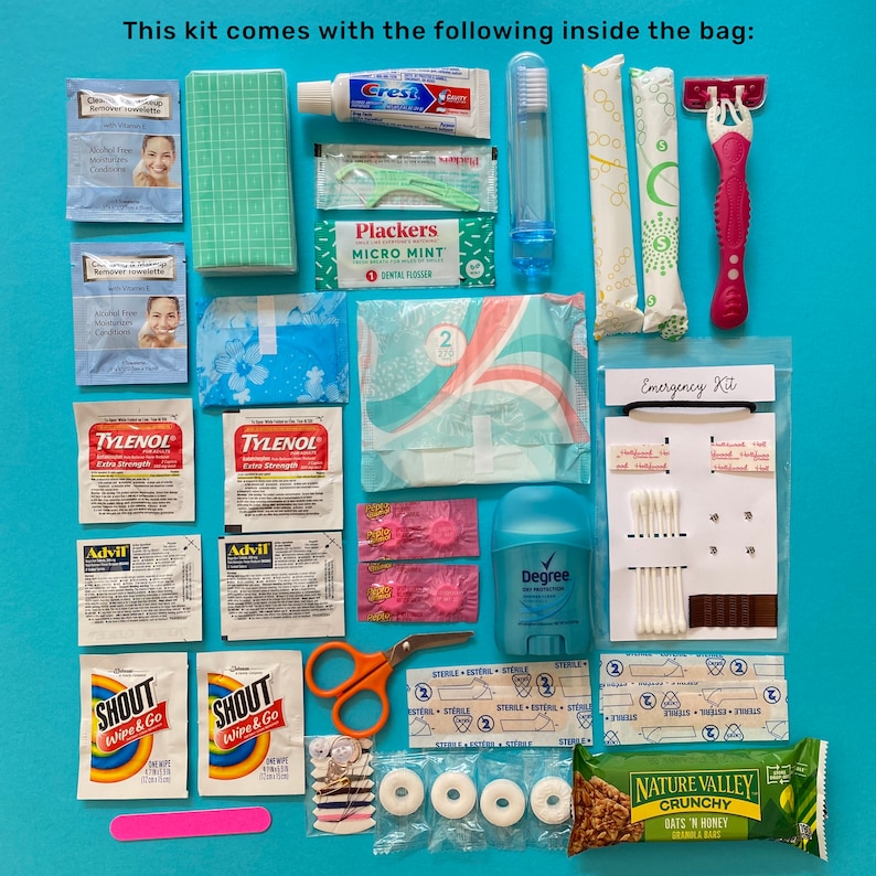 Display of 58 diverse essential items for a complete Bridal Emergency Kit. Items are placed inside bag before shipping out.