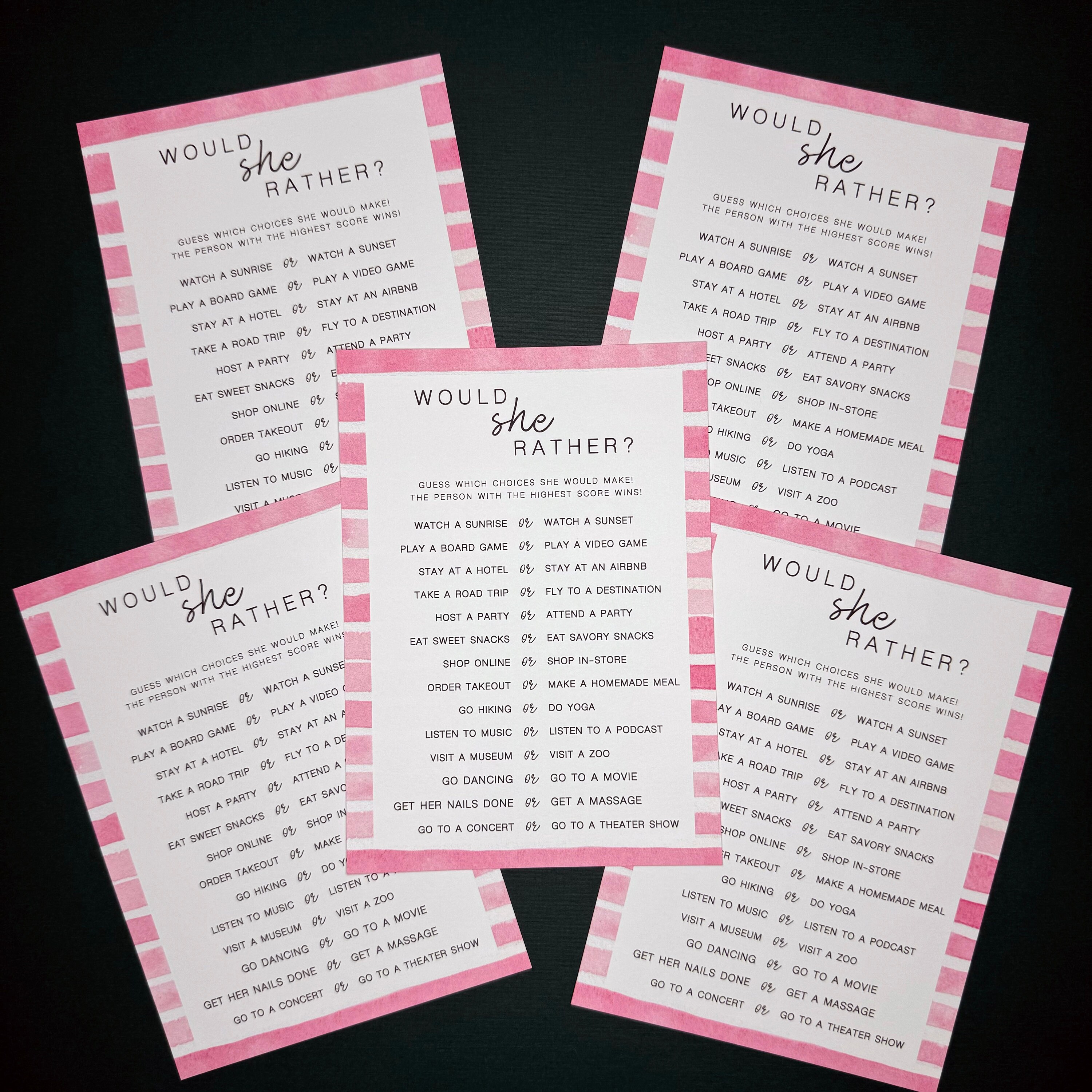 She Games Would She Rather? Pink Stripes Game Cards - Adult Birthday Game ...