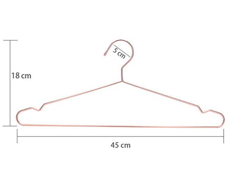 May include: Rose gold metal hanger with measurements: 18 inches tall, 5 inches wide at the top, and 45 inches wide at the bottom.