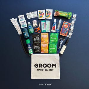 Wedding Day Groom&#39;s Emergency Kit - Medium White Travel Bag - Wedding Day Kit- Hangover Kit - Gift for Groom- Groom Survival Kit- Custom Bag