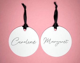 Custom Circle Gift Tags with Black Ribbon - Personalized Gift Tag - Custom Text Gift Tags - Wedding Party Gift Tags - Party Favor Tags