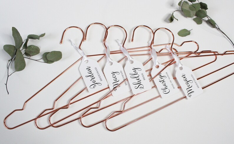 Elegant Rose Gold Wedding Hangers - Pick your Set - Custom Personalized Gift Tag - Dress / Robe Hangers - Metal Hangers - Bridesmaid Hangers