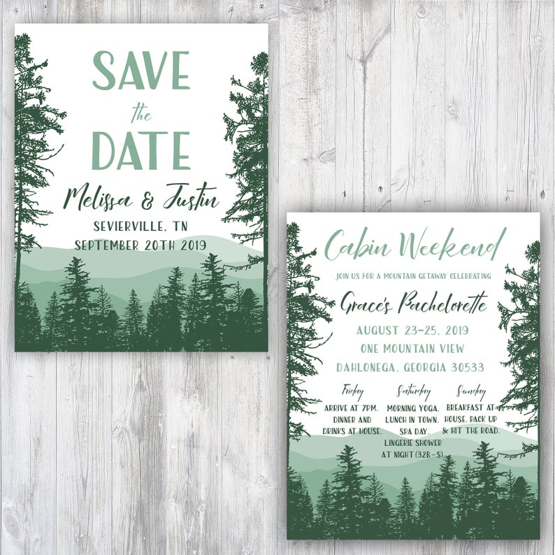 Mountain Save the Dates Invitations /& Envelopes Rustic Save the Dates Forest Save the Date Cabin Weekend Bachelorette Invites Custom