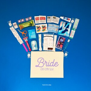 Emergency Kit for Bride with lilac print text in font 3. All the items are shown.