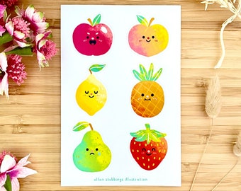 Fruit Sticker Sheet cute apple peach lemon pineapple pear strawberry gloss illustration stickers