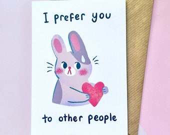 Valentine's Card cute shy bunny rabbit reserved valentines anniversary illustrated greeting card A6
