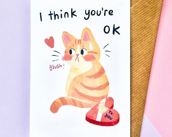 Valentinstag Karte niedliche schüchterne rotbraune Katze reserviert Valentinstag Jahrestag illustrierte Grußkarte A6