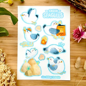 Foglio di adesivi Sassy Seagull Adesivi illustrati lucidi di grandi dimensioni Adesivi carini con animali, regalo riciclabile e antispruzzo, uccello marino kawaii