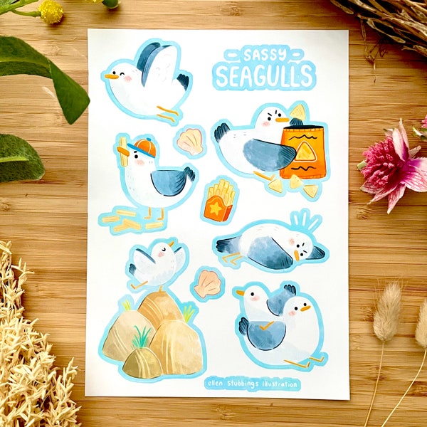 Sassy Seagull Sticker Sheet Large gloss illustrated stickers Cute animal stickers recyclable splashproof gift sea bird kawaii