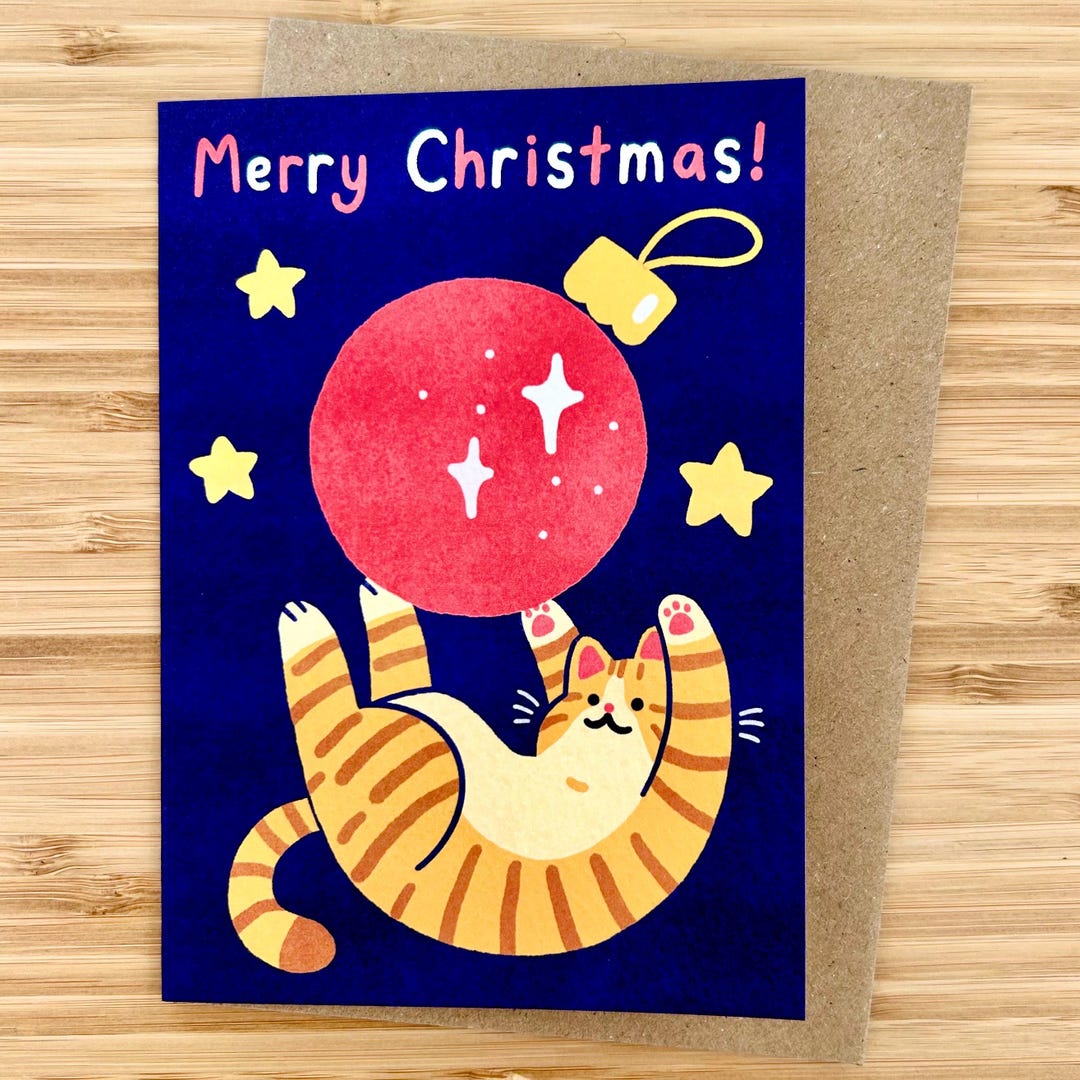 Cat Christmas Card Cute Illustrated Textured Xmas Card - Etsy