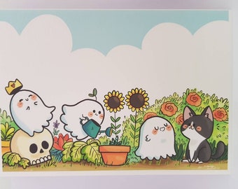 Gardening ghosts cute animal illustration art inspirational gift idea home decor kid's room nursery cat flowers garden spooky Art Print