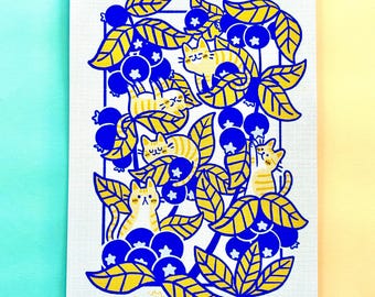 Blueberry x Cat kunstprint illustratie A5 A4 woondecoratie