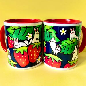 Strawberry x Bunny Mug cute illustrated colourful 11oz coffee mug