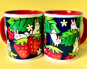 Strawberry x Bunny Mug leuke geïllustreerde kleurrijke 11oz koffiemok