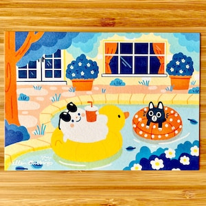 Stampa di cartoline fantasma in formato A6, stampa artistica illustrata estiva di luglio con un simpatico gatto nero.