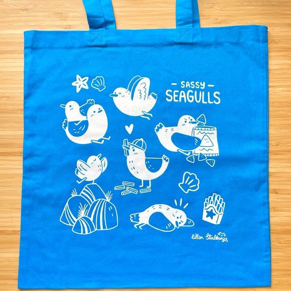 Tote Bag Sassy Seagull Blue cute design chip thief shopper shopping reusable bag illustrated art illustration