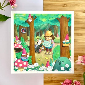 Art Print Girl on a Forest Treasure Hunt Square Art Print Square kid gnome chiens carte arbres fantasy magique petit carré impression décor à la maison