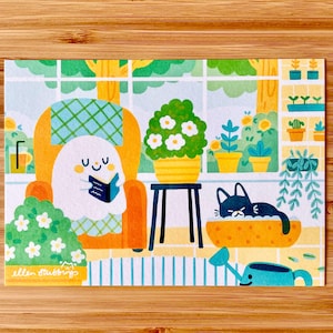 Stampa di cartoline fantasma in formato A6 con piante estive di giugno, simpatica stampa artistica illustrata spettrale con gatto nero