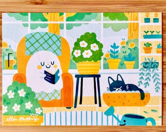 A6 Ghost Postcard Print June summer plants cute illustrated spooky art print with black cat