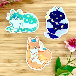 Superleuke magische kattenstickers Set van 3 glanzende geïllustreerde stickers Leuke dierenstickers recyclebaar spatwaterdicht cadeau voor eigenaren van gezelschapsdieren kawaii