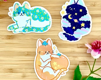 Juego de 3 pegatinas de gato mágico súper lindas, pegatinas ilustradas brillantes, lindas pegatinas de animales, reciclables, a prueba de salpicaduras, regalo para dueños de mascotas kawaii