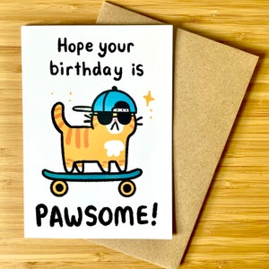 A6 kartka urodzinowa słodka Mam nadzieję, że Twoje urodziny to Pawsome kot zabawna kartka z pozdrowieniami ilustracja ilustrowana dziwaczna