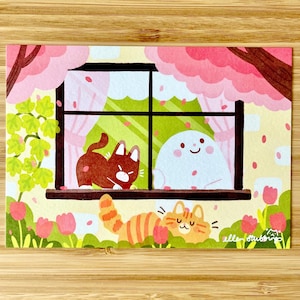 Impressão de cartão postal fantasma A6, abril, primavera, flor de cerejeira, arte assustadora ilustrada fofa, impressão com gato preto