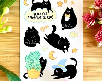 Black Cat Appreciation Club Sticker Sheet gloss illustrated stickers Cute animal stickers recyclable splashproof gift for pet owners kawaii