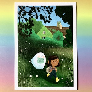 May include: A girl with brown hair and a red rucksack walks with a white ghost through a green field. The ghost is holding a map. In the background, a small house with a green roof is visible.