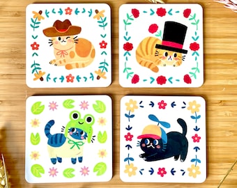 Cat Coaster Set Gatos con sombreros tontos lindos vasos ilustrados artículos para el hogar regalo decoración del hogar