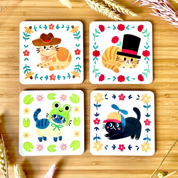 Cat Coaster Set Cats in Silly Hats cute illustrated drinkware homeware gift home decor