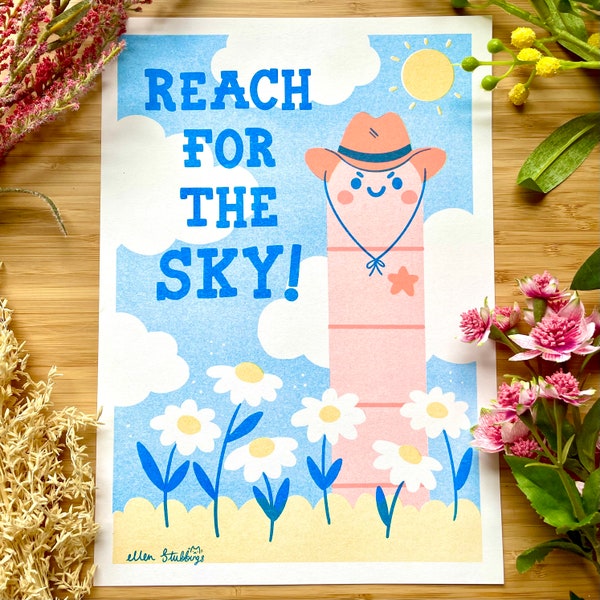 Riso A4 Art Print Reach for the Sky Risograph Printing cowboy worm sheriff home decor