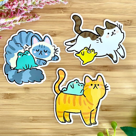 Mogs & Frogs Super Cute Stickers Set of 3 Gloss Illustrated Stickers Cute  Animal Amphibian Recyclable Splashproof Gift for Pet Owner Kawaii 