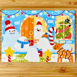 Stampa cartolina fantasma A6 dicembre Natale stampa artistica illustrata carina e spettrale con gatto nero