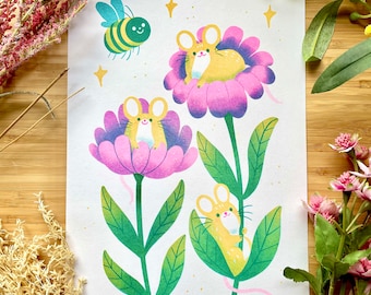 Riso A4 Art Print Mice in the Flowers Risograph Bee Mouse home decor