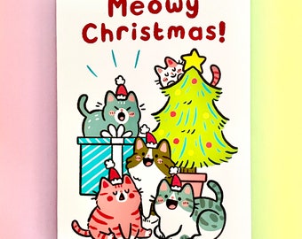 Christmas Card Meowy Christmas cute animal Xmas cat festive greeting illustrated unique quirky art pun