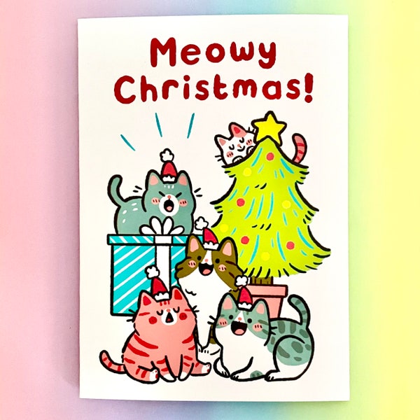 Biglietto di Natale Meowy Christmas simpatico animaletto di Natale gatto saluto festivo illustrato gioco di parole artistico unico ed eccentrico