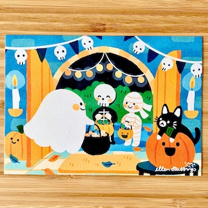 Impression de carte postale fantôme A6 d'octobre, impression d'art effrayante illustrée d'halloween avec un chat noir