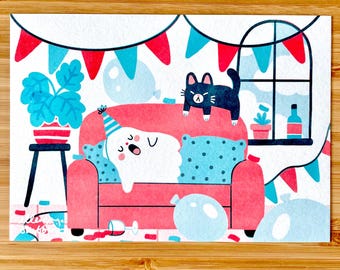 A6 Ghost Postcard Print January cute illustrated spooky art print with black cat