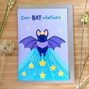 A6 kartka z pozdrowieniami con-BAT-ulations! zabawne słodkie nietoperze gratulacje świętowanie dobrze wykonane ilustracja ilustrowana dziwaczna