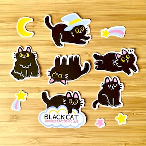 Pack d'autocollants mélangés Black Cat Appreciation Club, autocollants brillants illustrés, animal mignon, cadeau résistant aux éclaboussures, cadeau pour les propriétaires d'animaux de compagnie kawaii