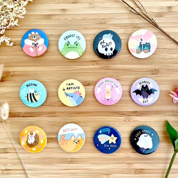 So Cute Badges Choose 4 from 12 Numbered Designs pins animals puns badge bear frog ghost bat cat bee rat skull gift idea quirky illustrated
