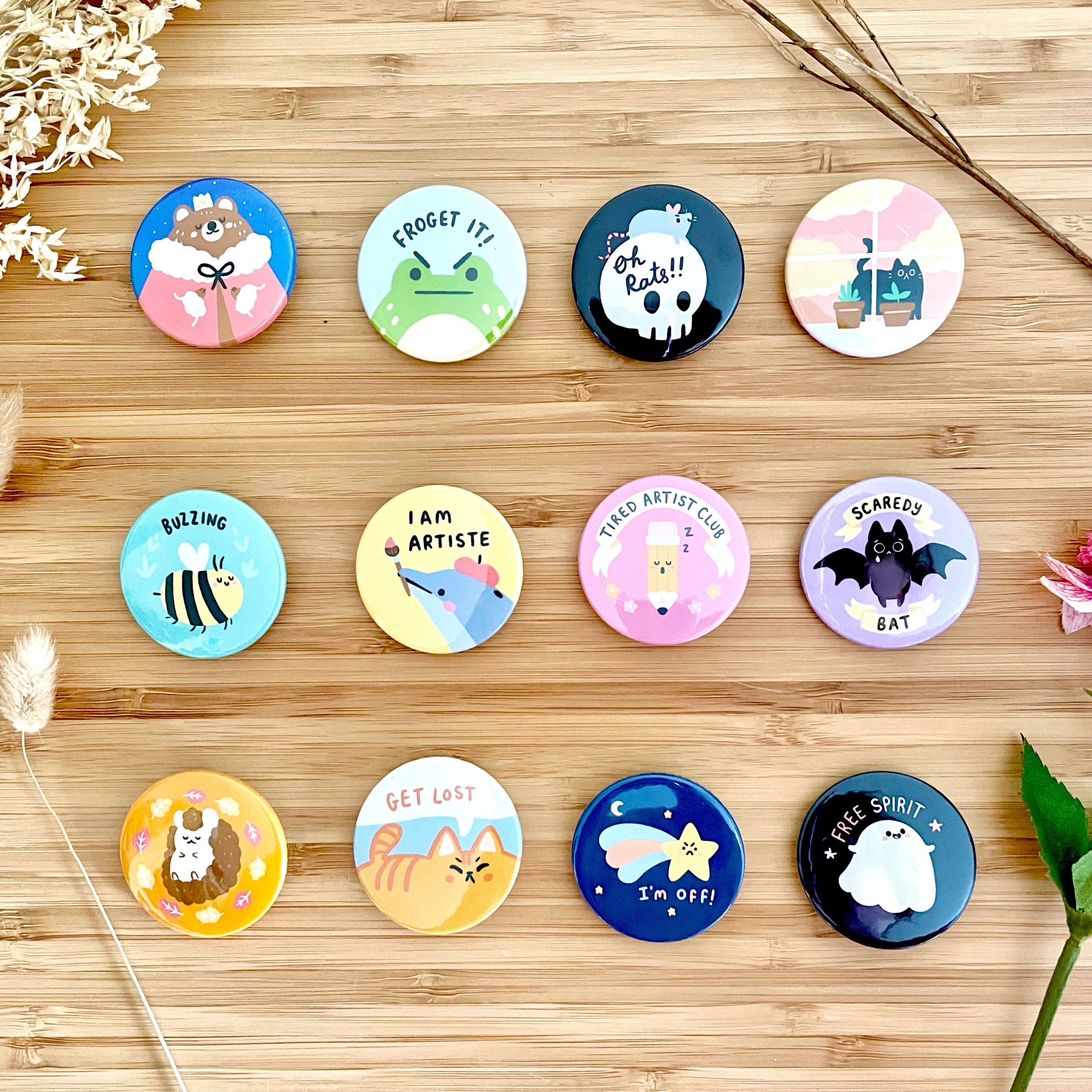 So Cute Badges Choose 4 From 12 Numbered Designs Pins Animals Puns Badge  Bear Frog Ghost Bat Cat Bee Rat Skull Gift Idea Quirky Illustrated 