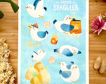 Sassy Seagulls Art Print Illustration cute seagull chips sea bird