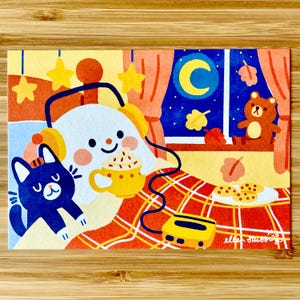 Impresión de postal fantasma A6 de noviembre, acogedora y linda impresión artística espeluznante ilustrada con gato negro