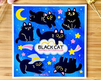 Impresión de arte lindo gato negro apreciación club ilustración pequeña impresión cuadrada decoración del hogar