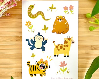 Safari Animals Sticker Sheet gloss illustrated stickers Cute snake monkey tiger royal bear recyclable splashproof gift for pet owners kawaii