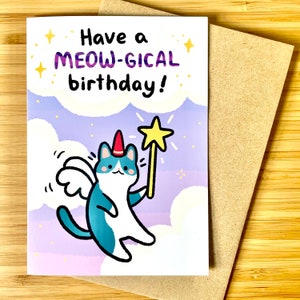 Jolie carte d'anniversaire A6 miaou-GICAL anniversaire chat drôle illustration de carte de voeux illustrée jeu de mots magique original