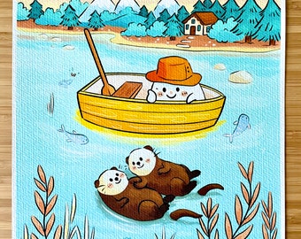 Art Print A Boat Ride With Otters cute animal illustration square print home decor